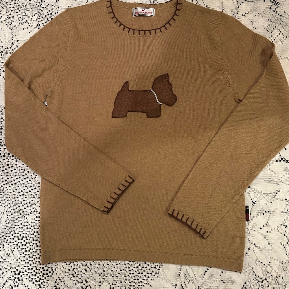 Tan Crewneck Sweater with Dog Motif